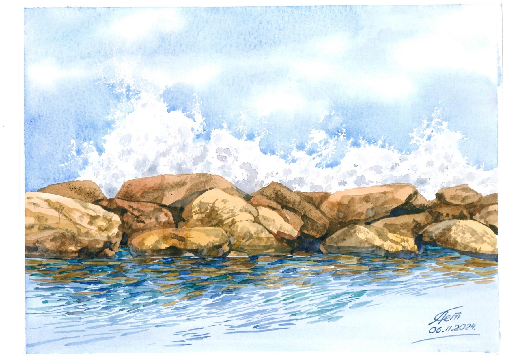 A watercolour painting of stones in water